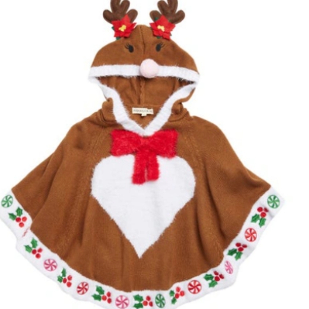 Margaux & Lexi Girls Rudolph Reindeer Brown Hoodie Poncho .. Size XL.. 6X